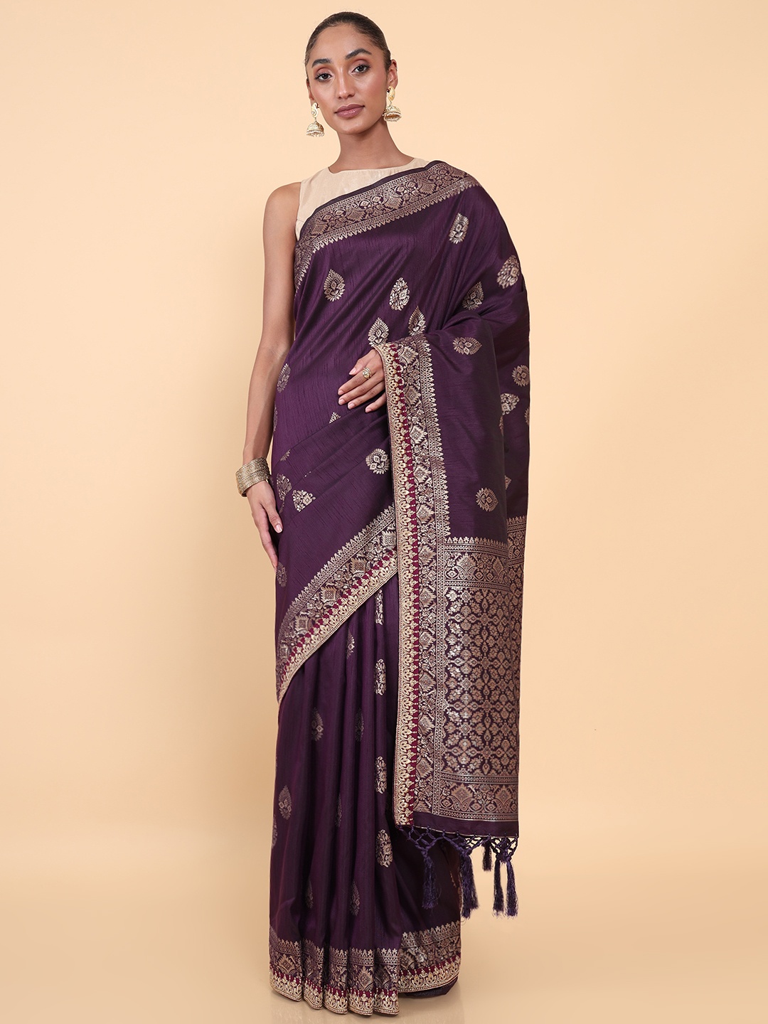 

Soch Purple & Gold-Toned Ethnic Motifs Zari Silk Blend Tussar Saree