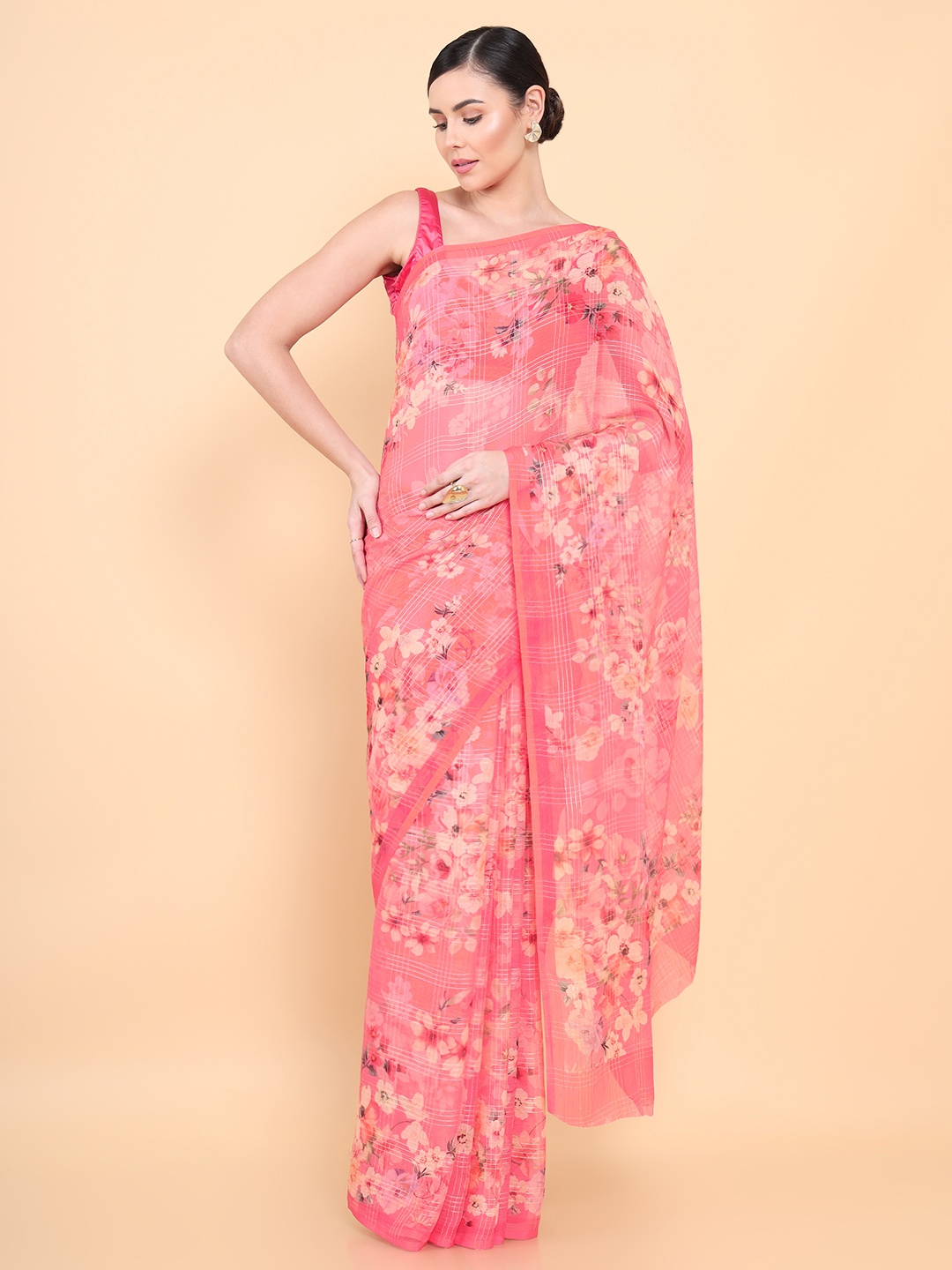 

Soch Coral & Gold-Toned Floral Printed Pure Chiffon Saree