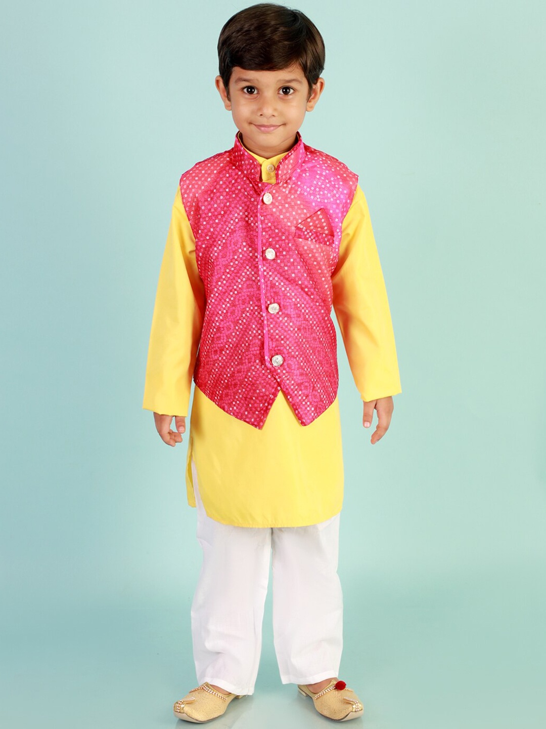 

KID1 Boys Yellow and White Kurta & Trouser with Bandhani Jacket