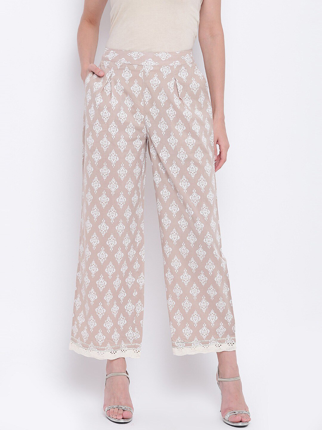 

Be Indi Women Beige & White Ethnic Motifs Printed Ethnic Cotton Palazzos