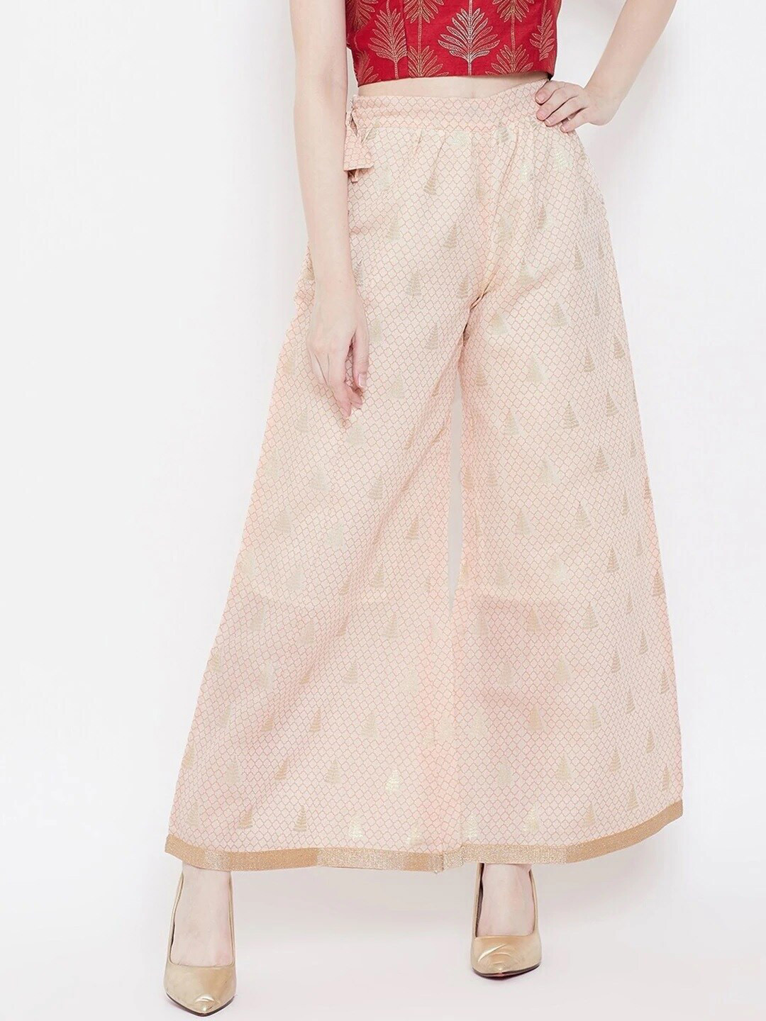 

Be Indi Women Beige & Gold-Toned Ethnic Motifs Palazzos