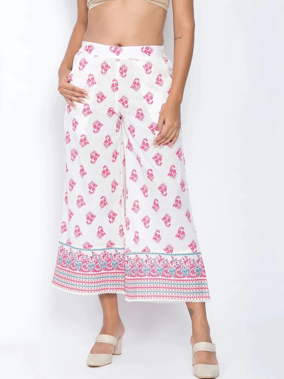 

Be Indi Women Pink & White Floral Printed Palazzos