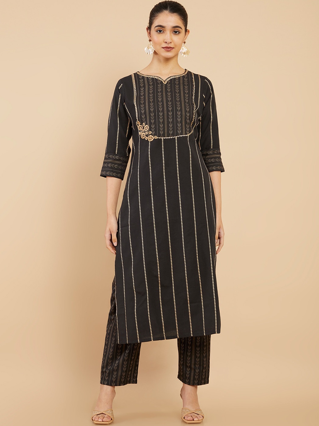 

Soch Women Black Striped Kurta with Trousers