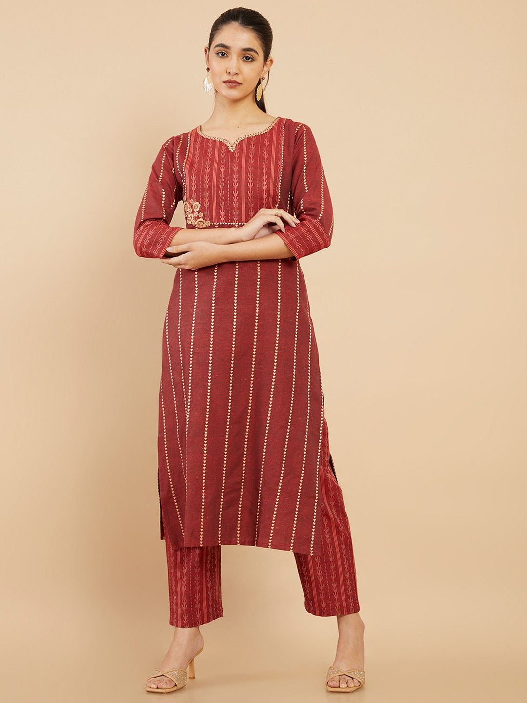 

Soch Women Maroon Striped Kurta with Trousers