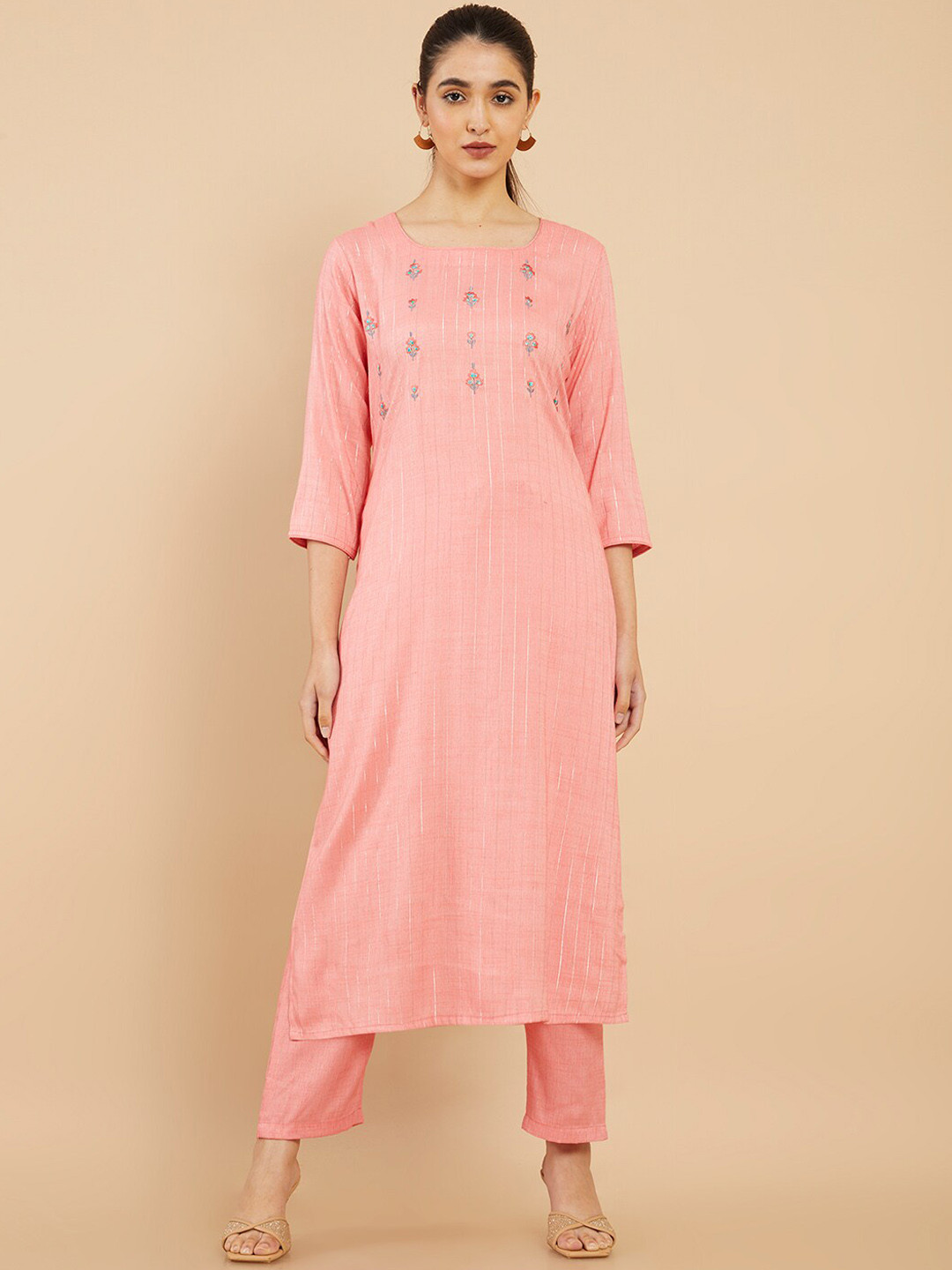 

Soch Women Pink Floral Embroidered Kurta with Trousers