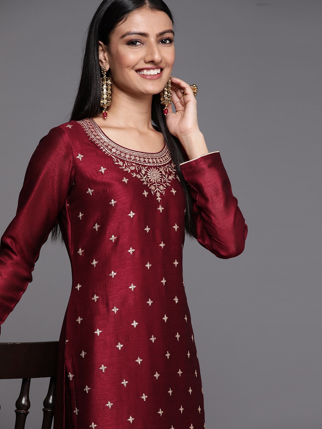

Libas Women Maroon Ethnic Motifs Embroidered Kurta