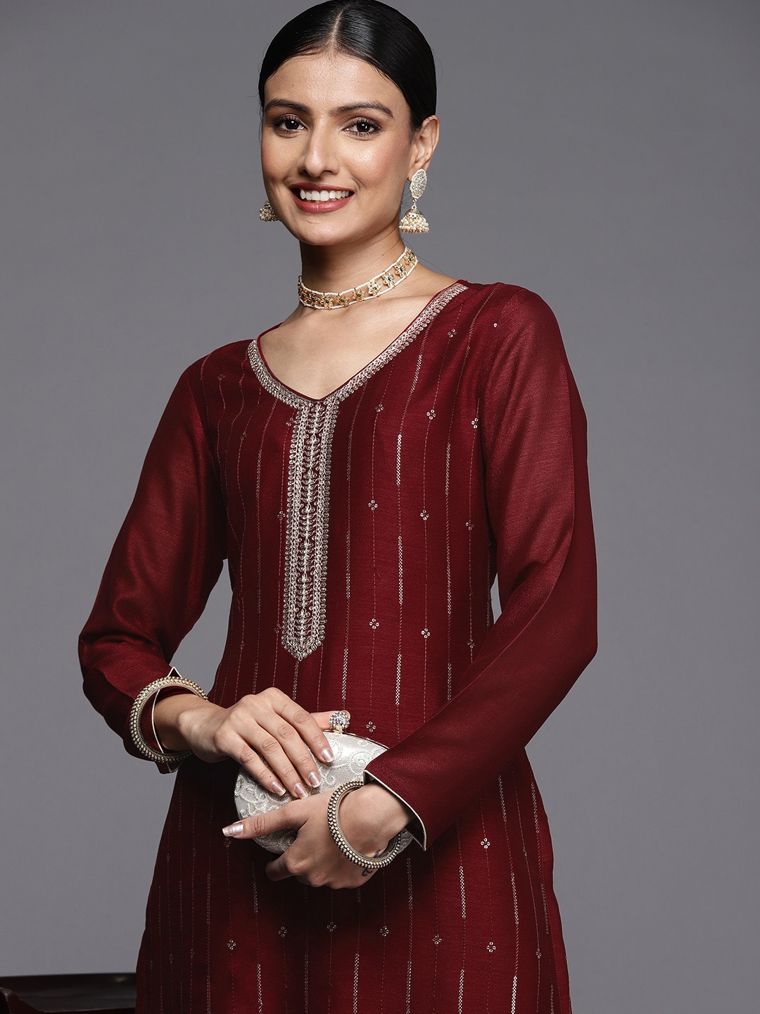 

Libas Women Maroon Embroidered Kurta