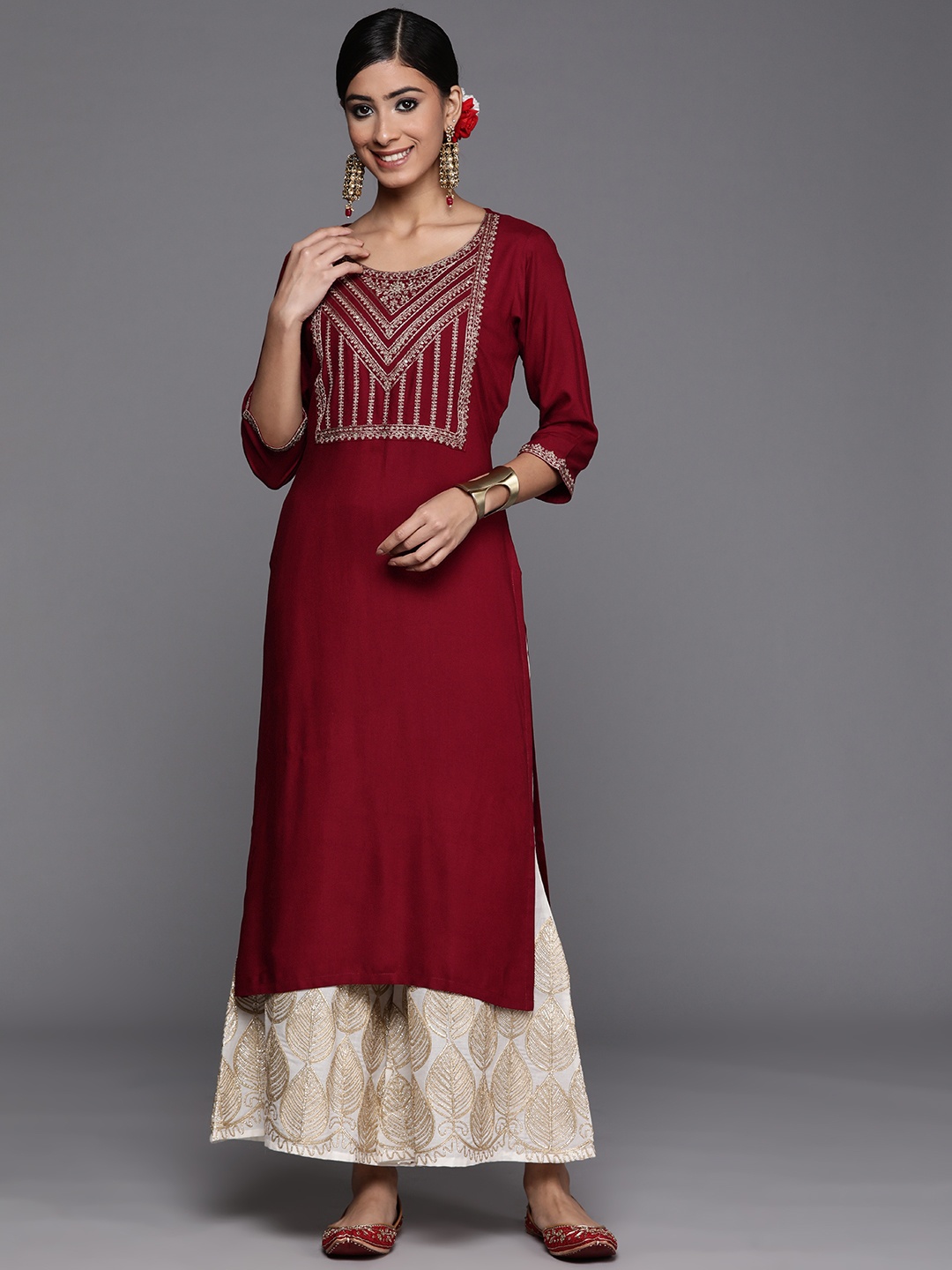 

Libas Women Maroon Ethnic Motifs Yoke Design Kurta