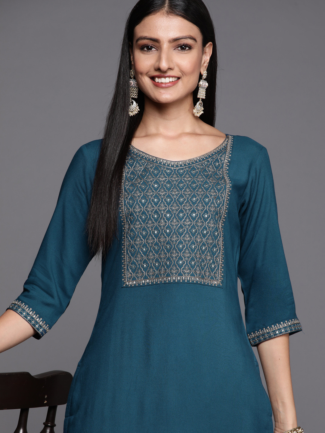 

Libas Women Teal & Golden Ethnic Motifs Yoke Design Kurta