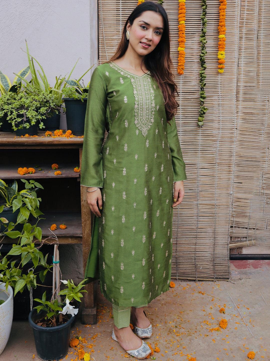 

Libas Women Green & Golden Ethnic Motifs Embroidered Kurta