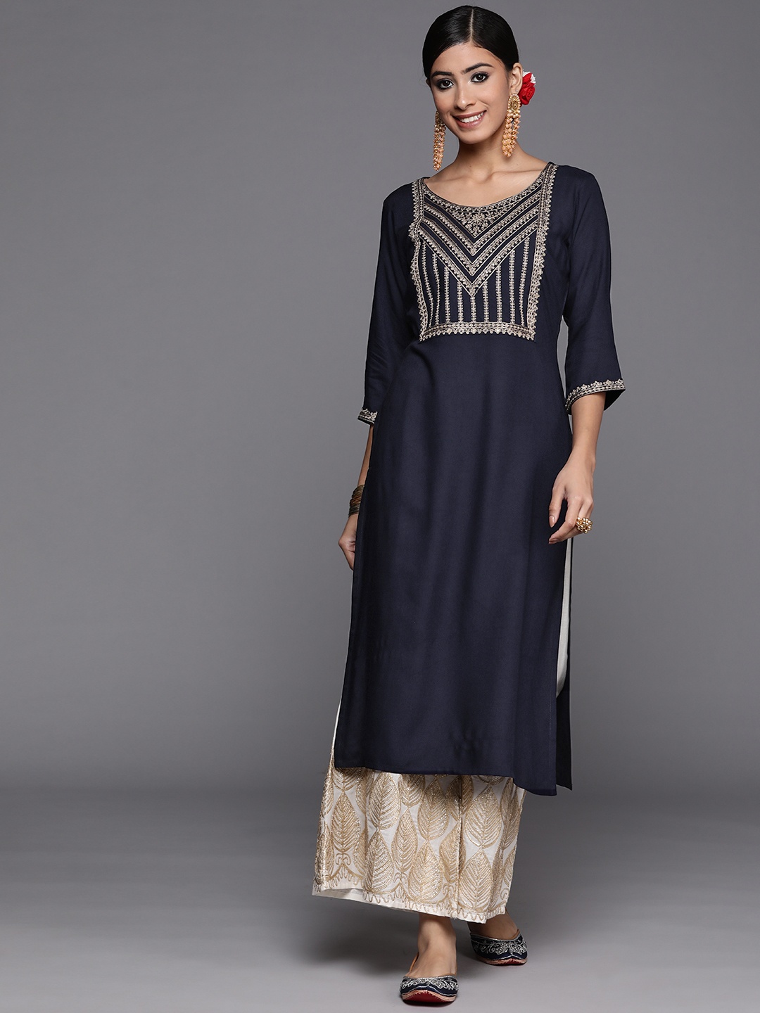 

Libas Women Navy Blue & Gold-Toned Ethnic Motifs Yoke Design Kurta
