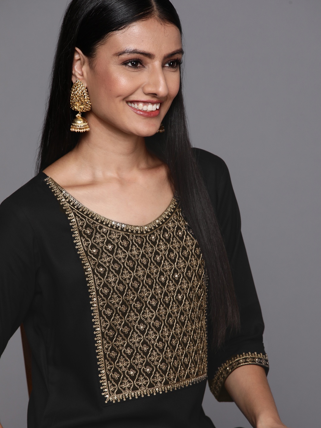 

Libas Women Black & Golden Ethnic Motifs Yoke Design Kurta