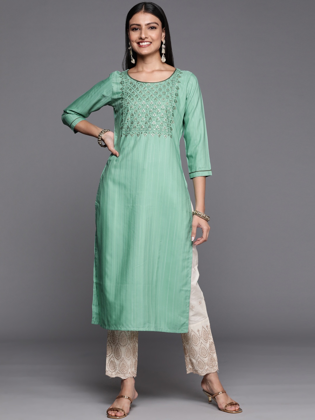 

Libas Women Sea Green Ethnic Motifs Embroidered Kurta