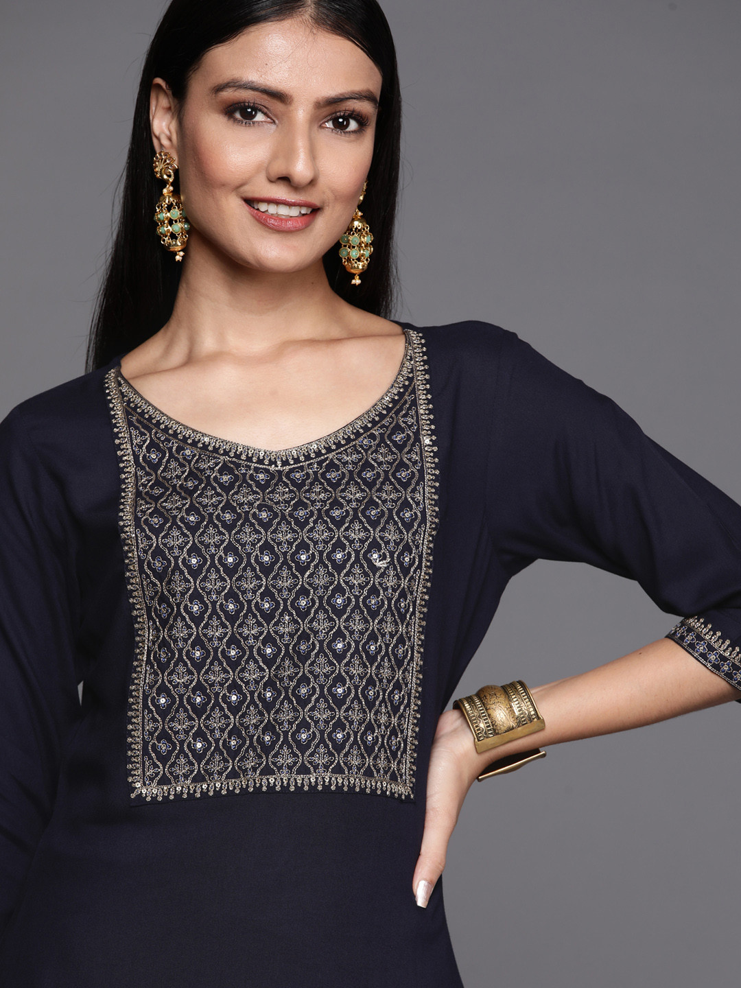 

Libas Women Navy Blue & Golden Yoke Design Kurta