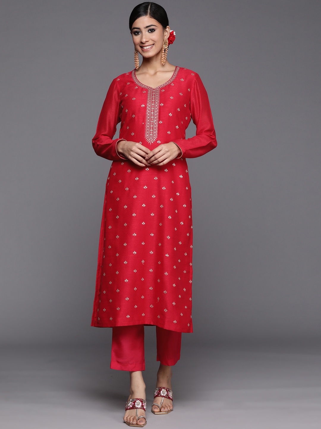 

Libas Women Red & Golden Ethnic Motifs Embroidered Kurta