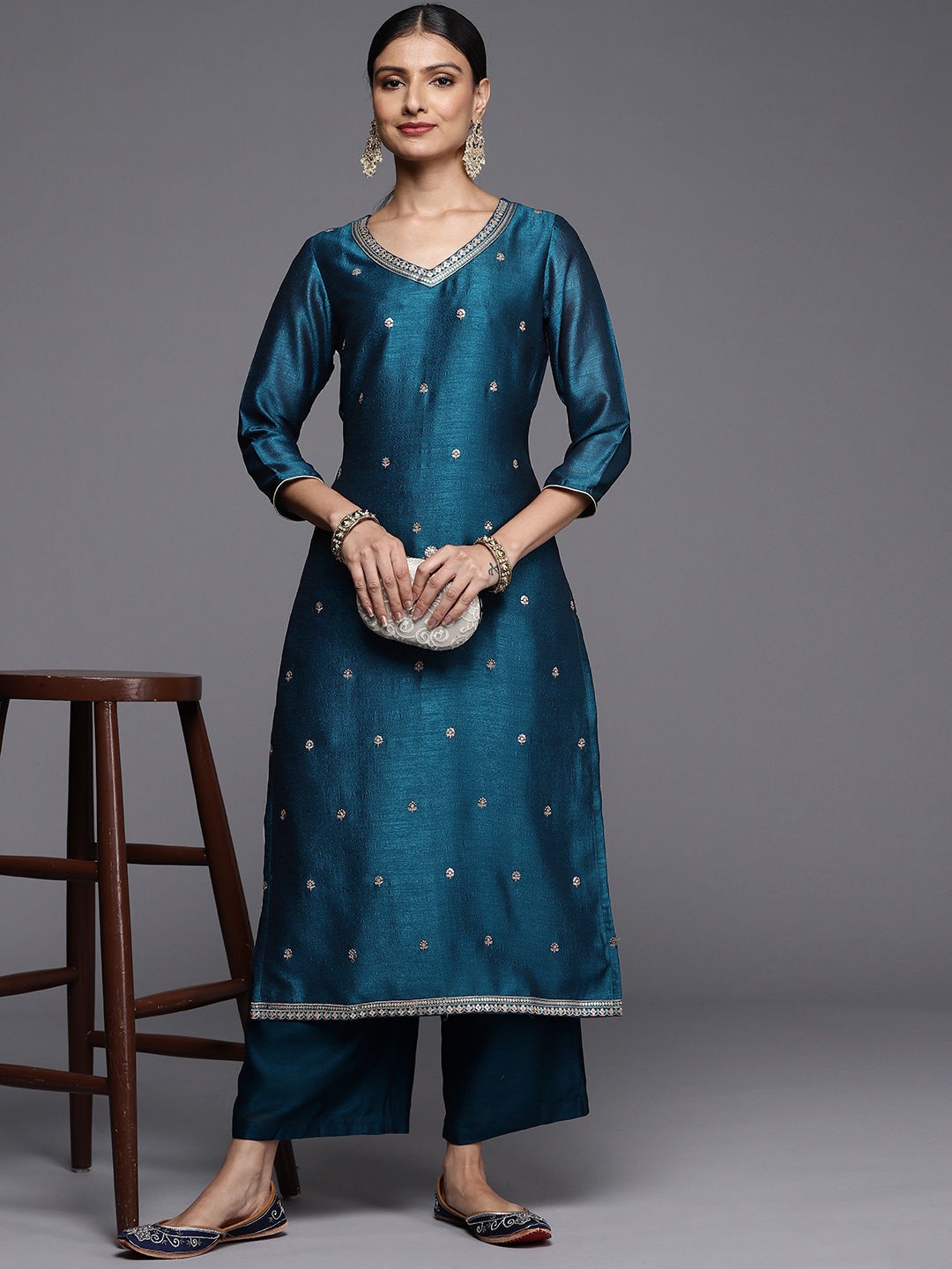 

Libas Women Teal Blue Ethnic Motifs Embroidered Kurta