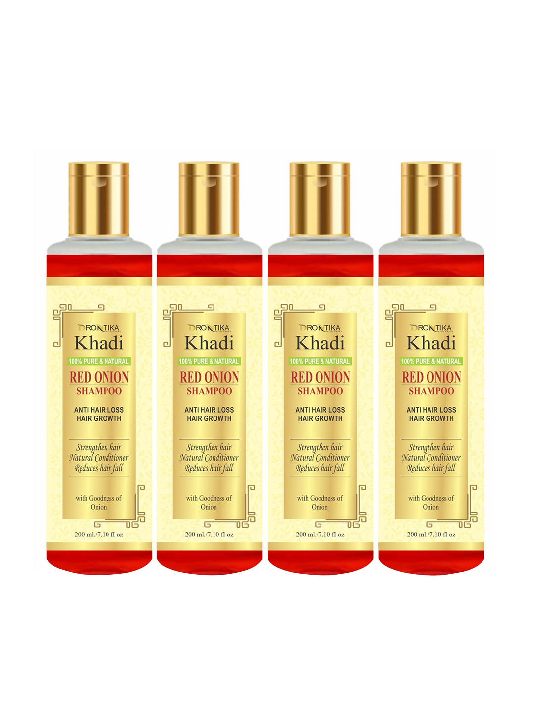 

DRONTIKA Set of 4 Khadi Pure & Natural Red Onion Shampoo For Hair Growth - 200ml Each, Gold