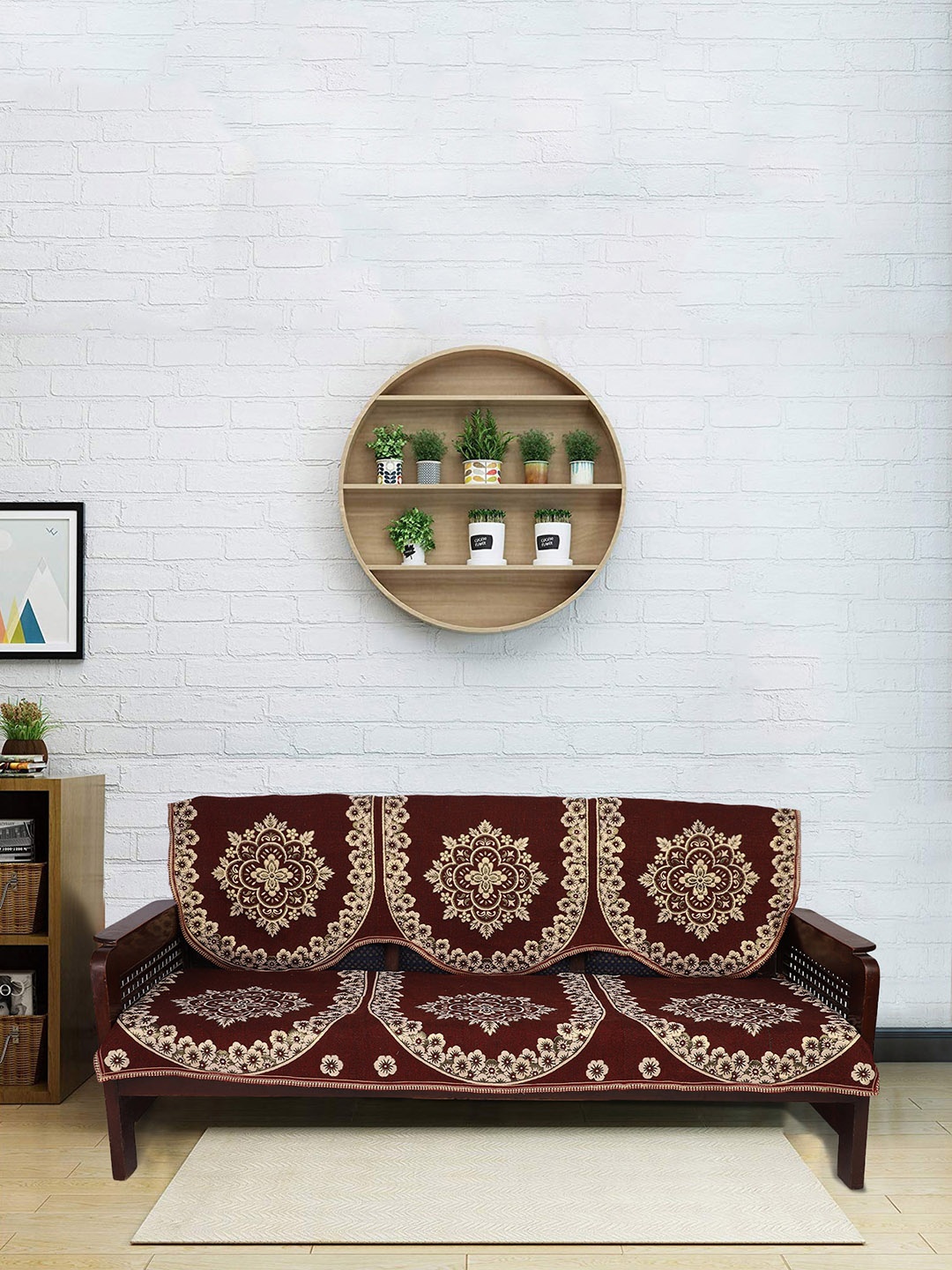 

MODEFE Set of 6 Maroon & Beige Self-Design Sofa Covers
