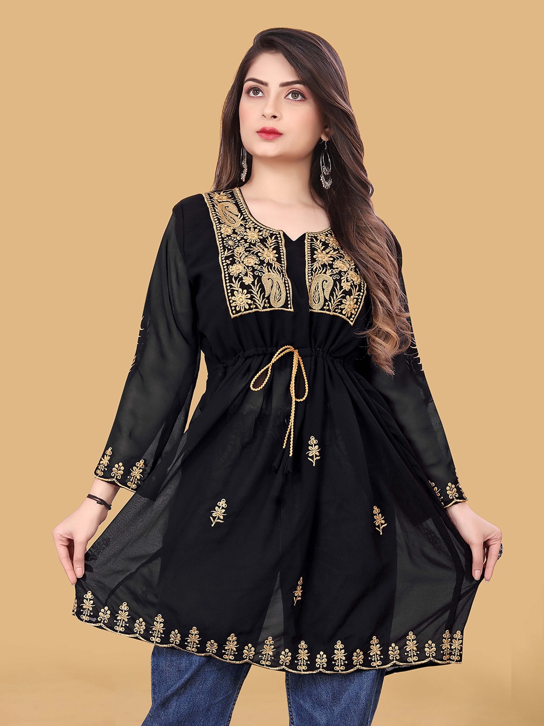 

WEAVETECH IMPEX Black & Gold-Toned Floral Embroidered Georgette Empire Longline Top