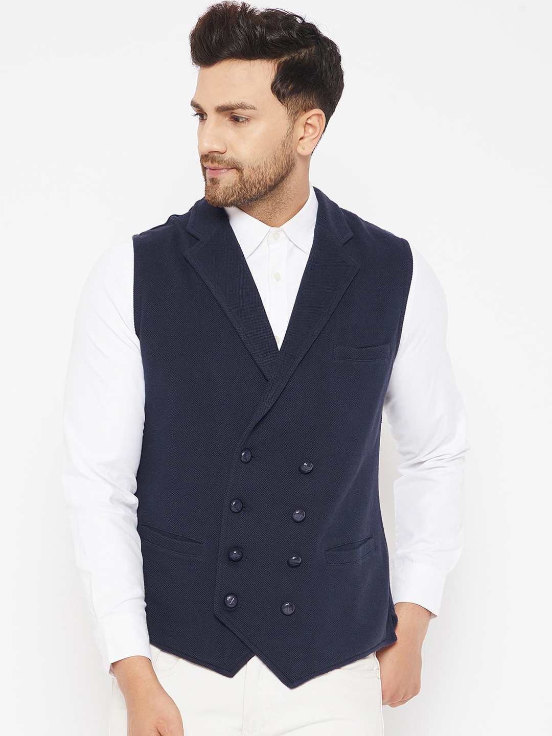 

Hypernation Men Navy Blue Solid Pure Cotton Waistcoat