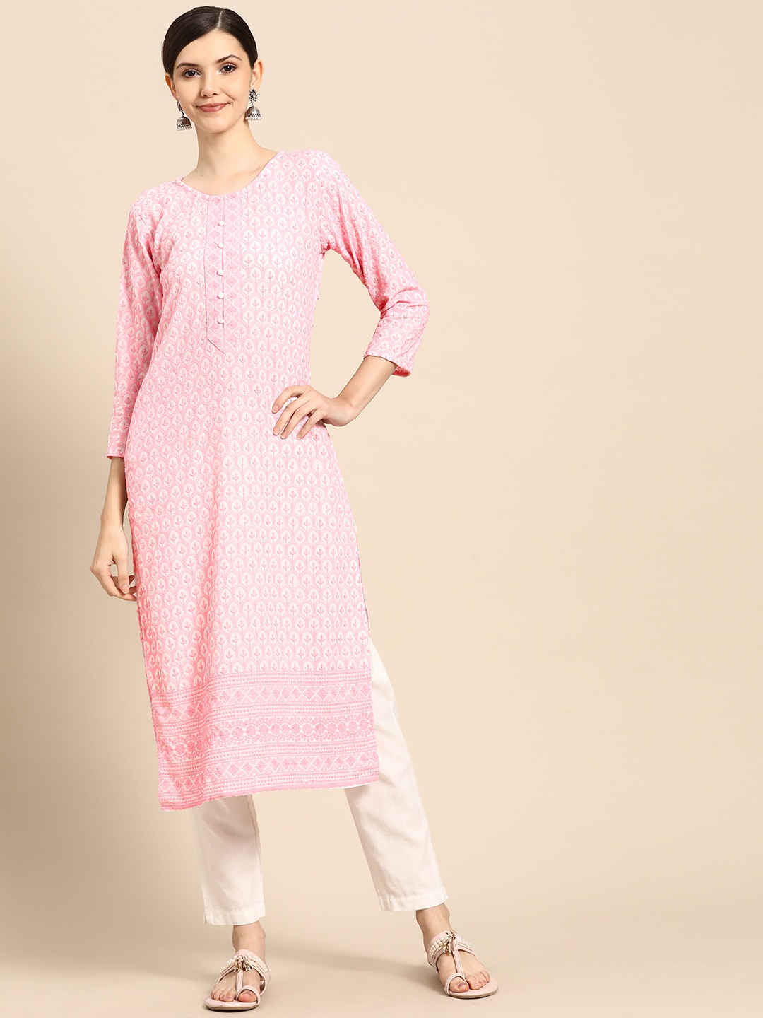 

Sangria Women Pink & White Ethnic Motifs Embroidered Floral Kurta