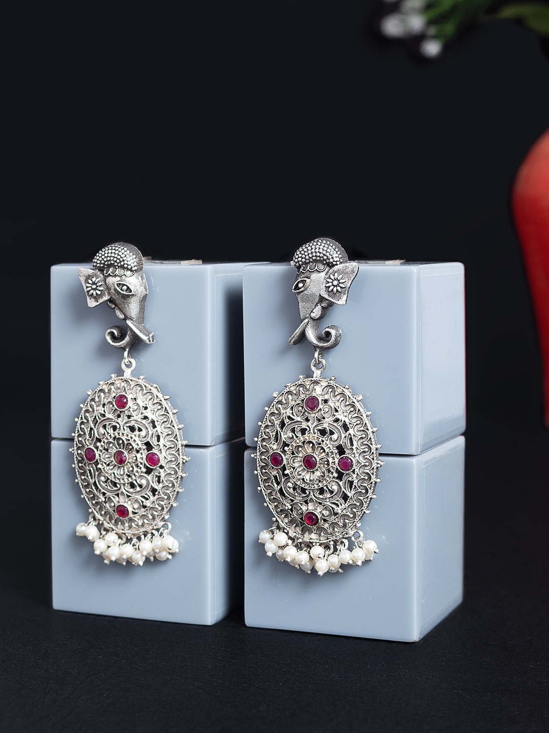 

Golden Peacock Oxidised Silver-Toned Stone Beaded Ganesh Design Drop Earrings