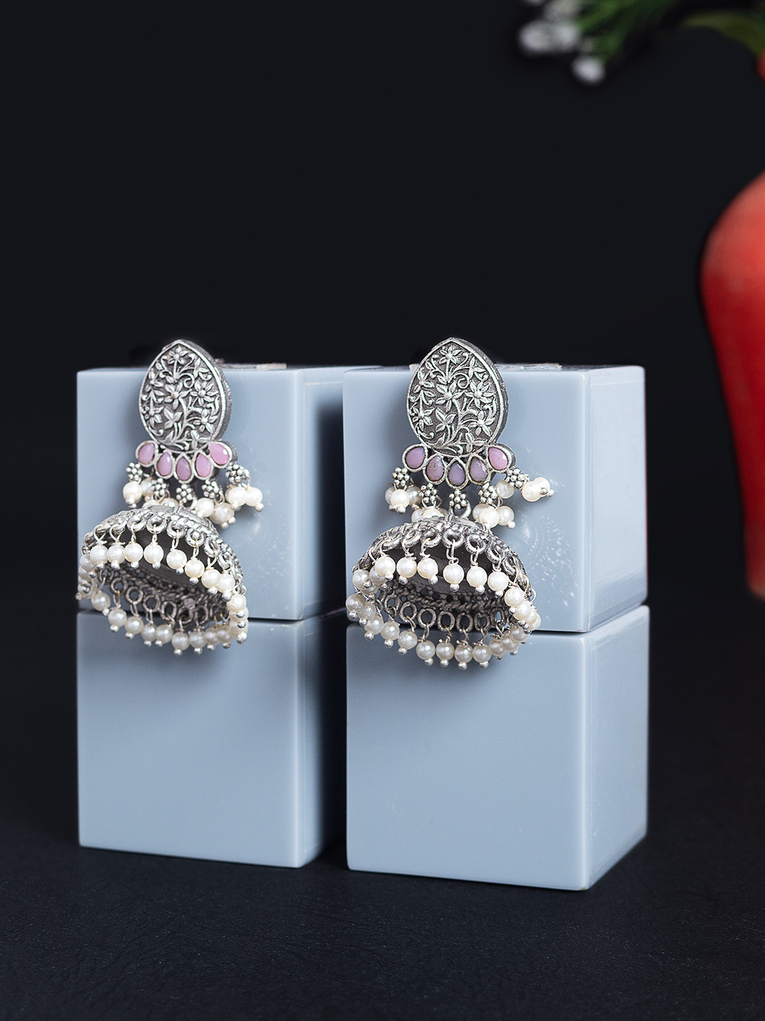 

Golden Peacock Silver-Toned Oxidised Ethnic Stone Studded & Beaded Jhumkas