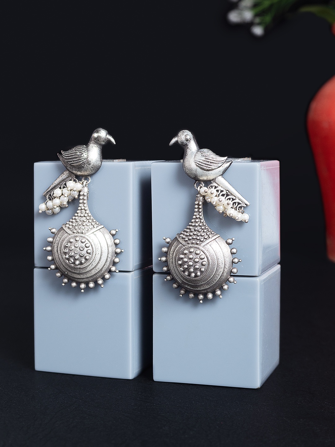

Golden Peacock Oxidised Silver-Toned Danglers Beaded Parrot Design Drop Earrings