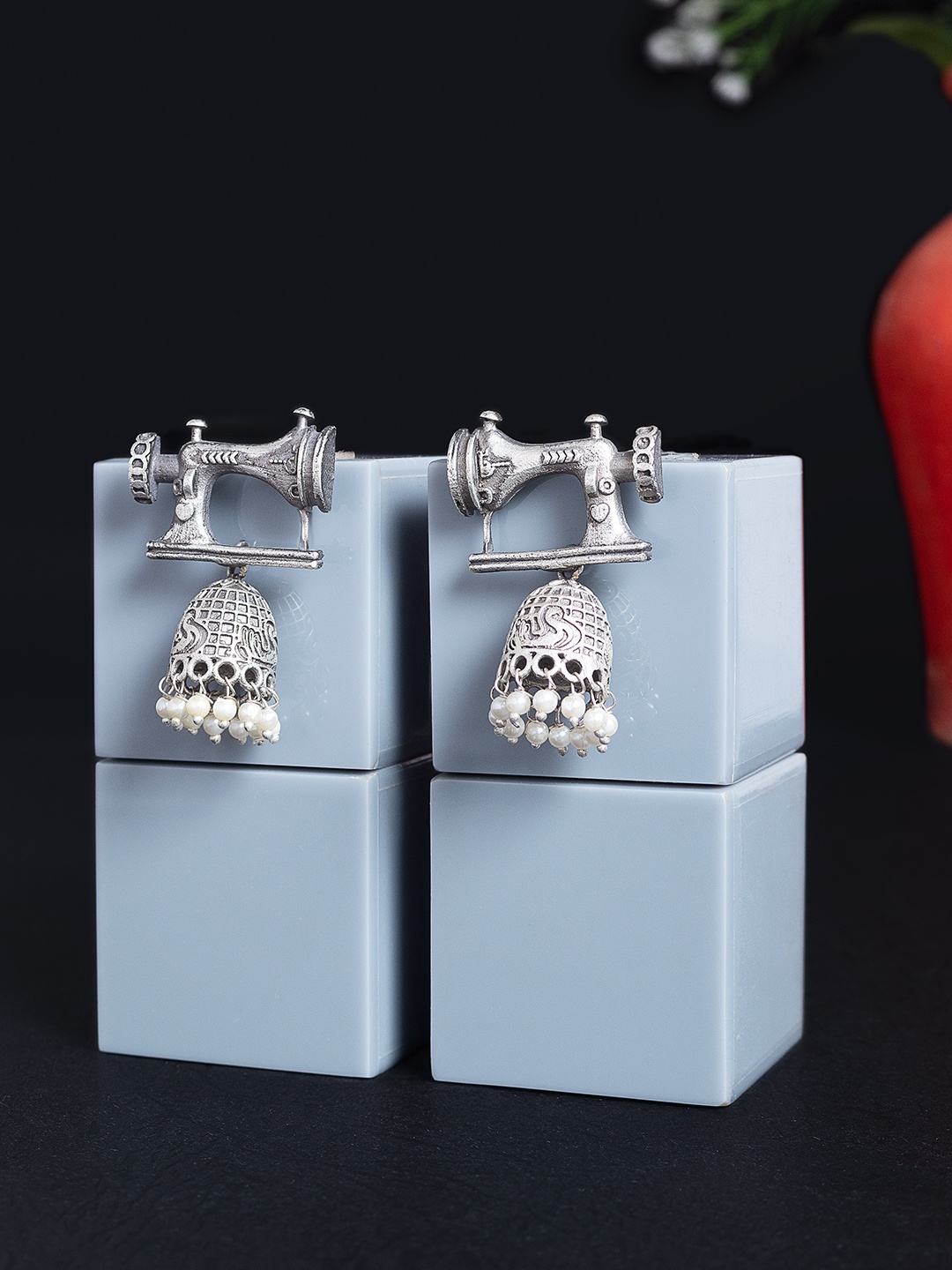 

Golden Peacock Oxidised Silver-Toned Contemporary Danglers Beaded Ethnic Jhumkas