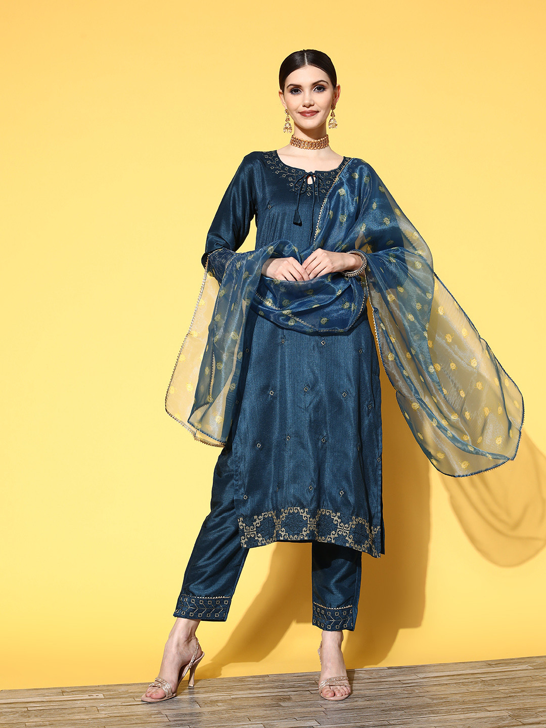 

RAJGRANTH Women Woven Design Silk Chiffon Fluid Tie-Up Kurta Set, Teal