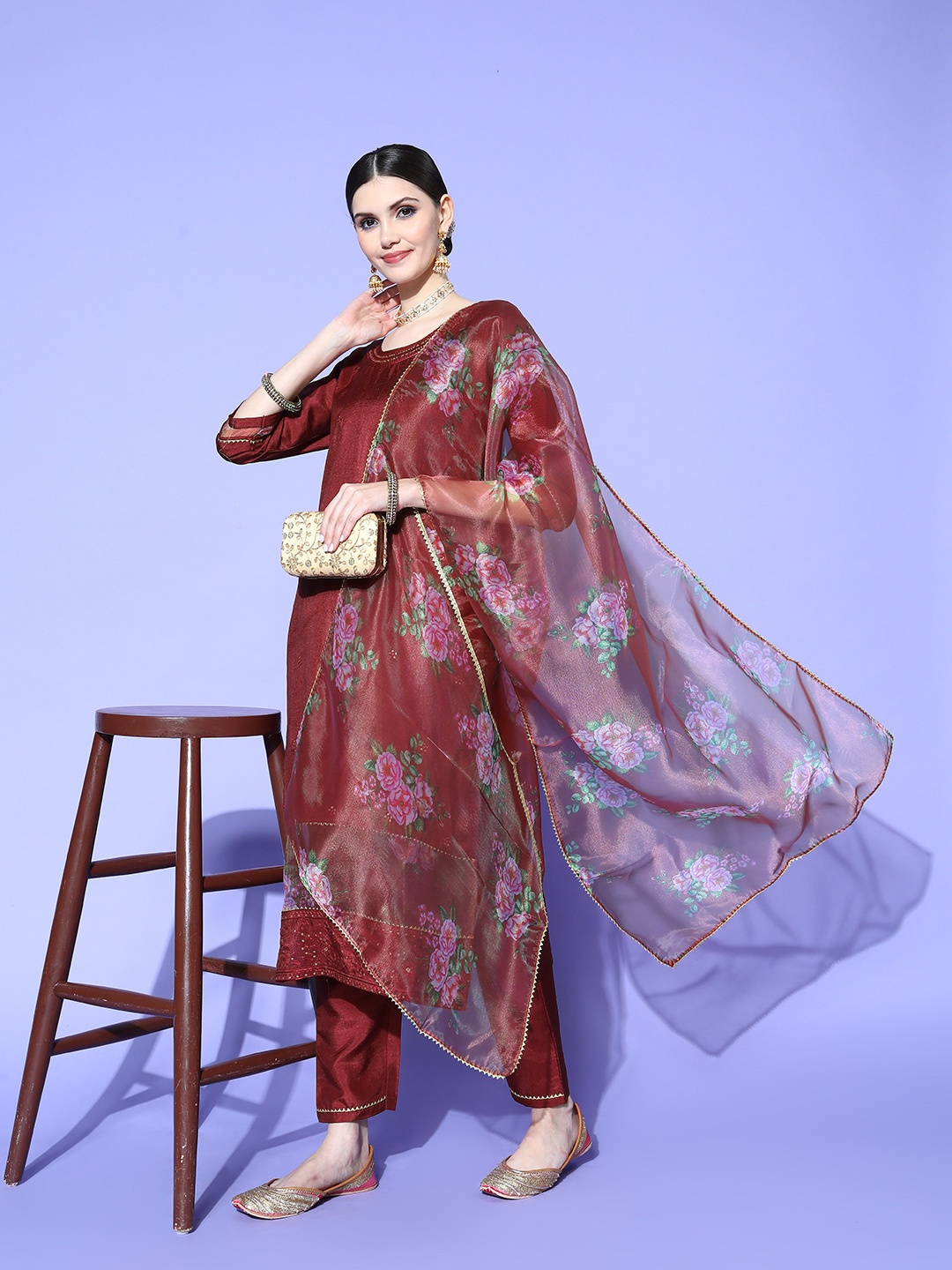 

RAJGRANTH Women Woven Design Silk Chiffon Sheer Saga Kurta Set, Maroon