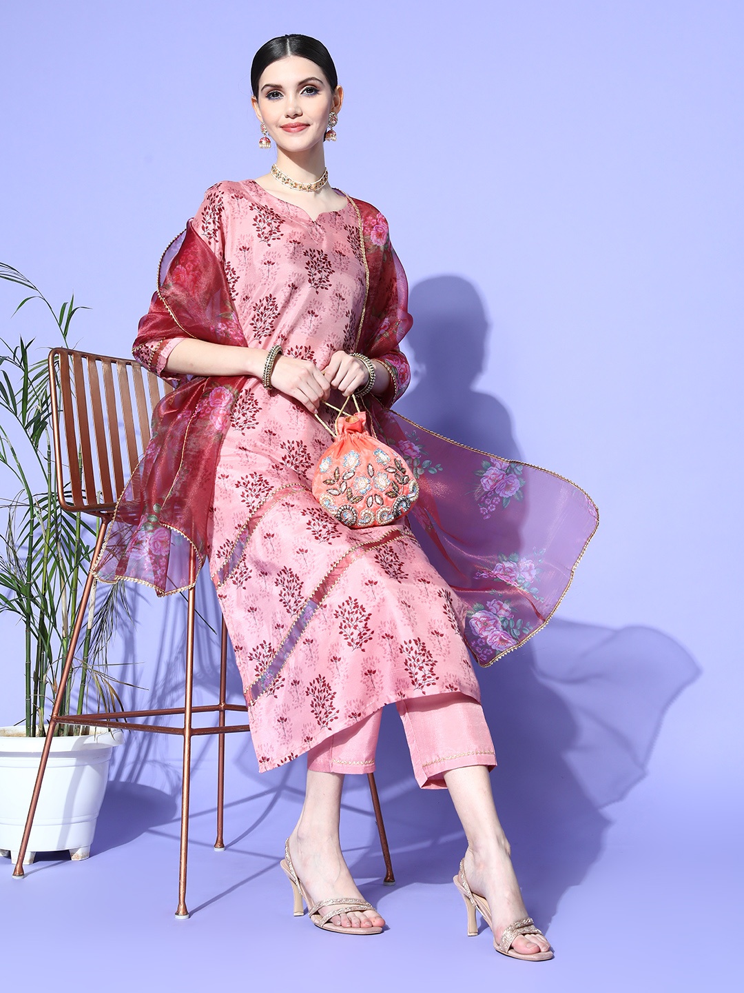 

RAJGRANTH Women Woven Design Silk Chiffon Print Parade Kurta Set, Pink