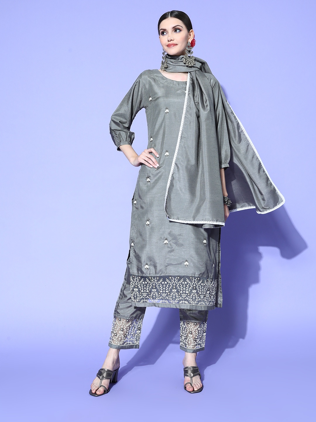 

RAJGRANTH Women Woven Design Silk Chiffon Hyper Texture Kurta Set, Grey