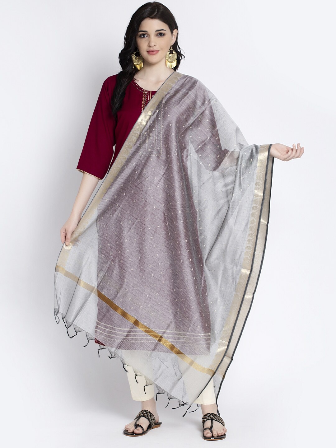 

Clora Creation Grey & Gold-Toned Woven Design Dupatta with Zari