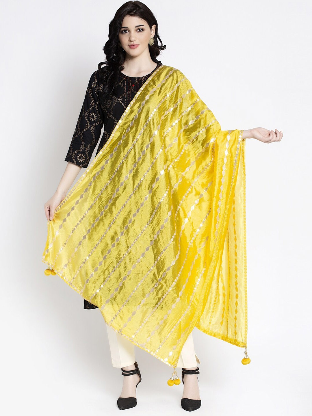 

Clora Creation Yellow & Gold-Toned Striped Bandhani Dupatta with Gotta Patti