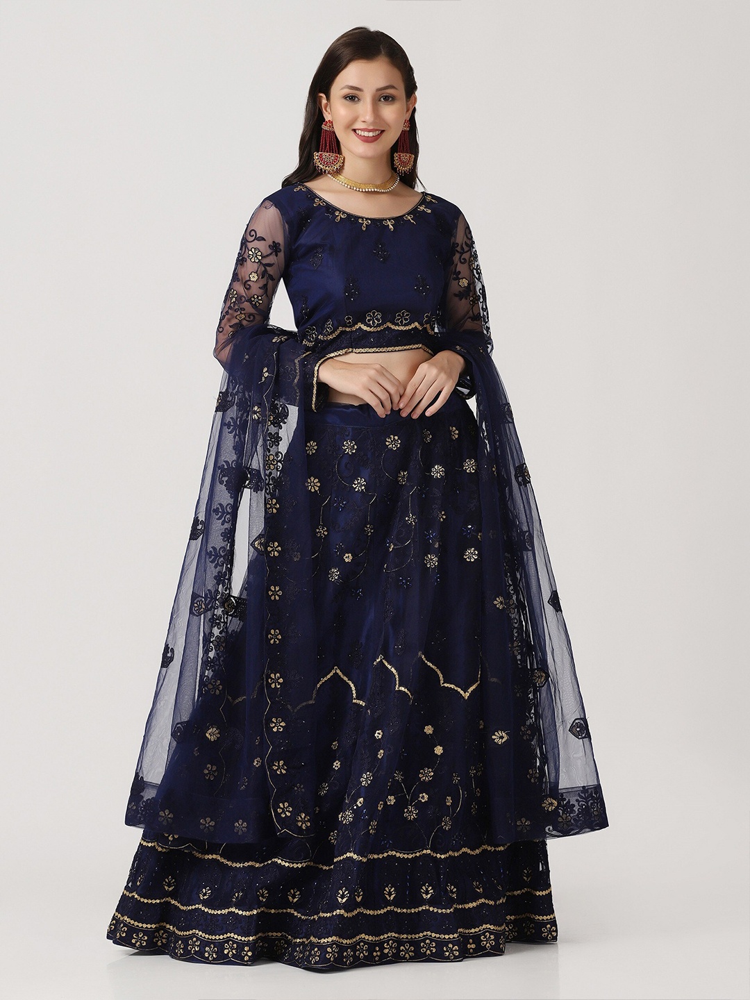 

Warthy Ent Navy Blue & Gold-Toned Embellished Beads and Stones Semi-Stitched Lehenga & Unstitched Blouse