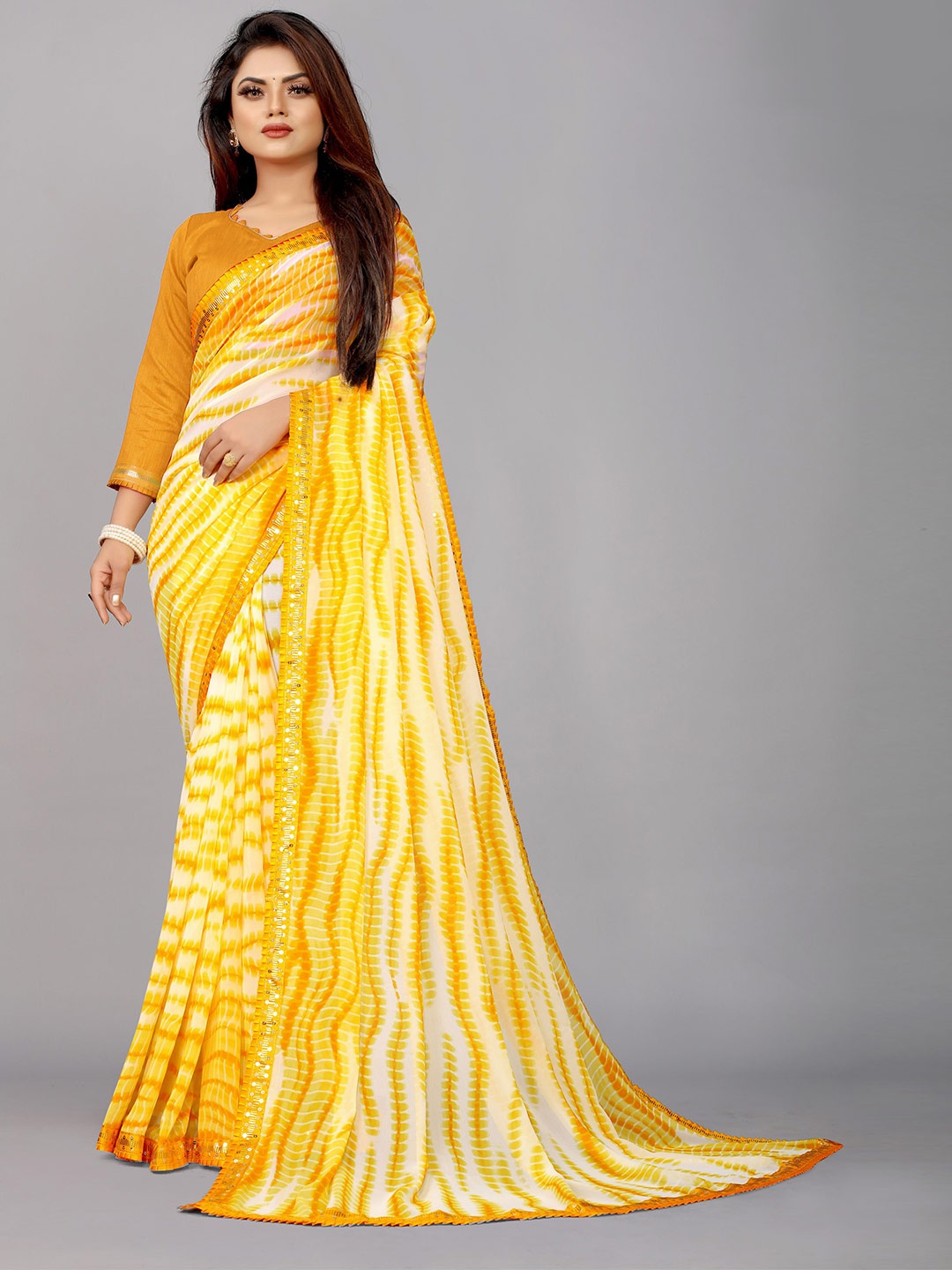 

B4ME COM Yellow & Off White Tie and Dye Ready to Wear Block Print Saree