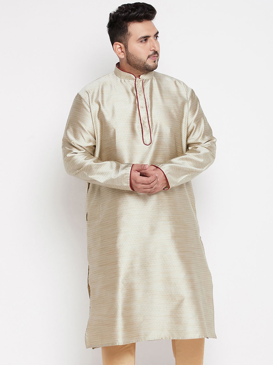 

VASTRAMAY Men Beige Jacquard Silk Blend Kurta