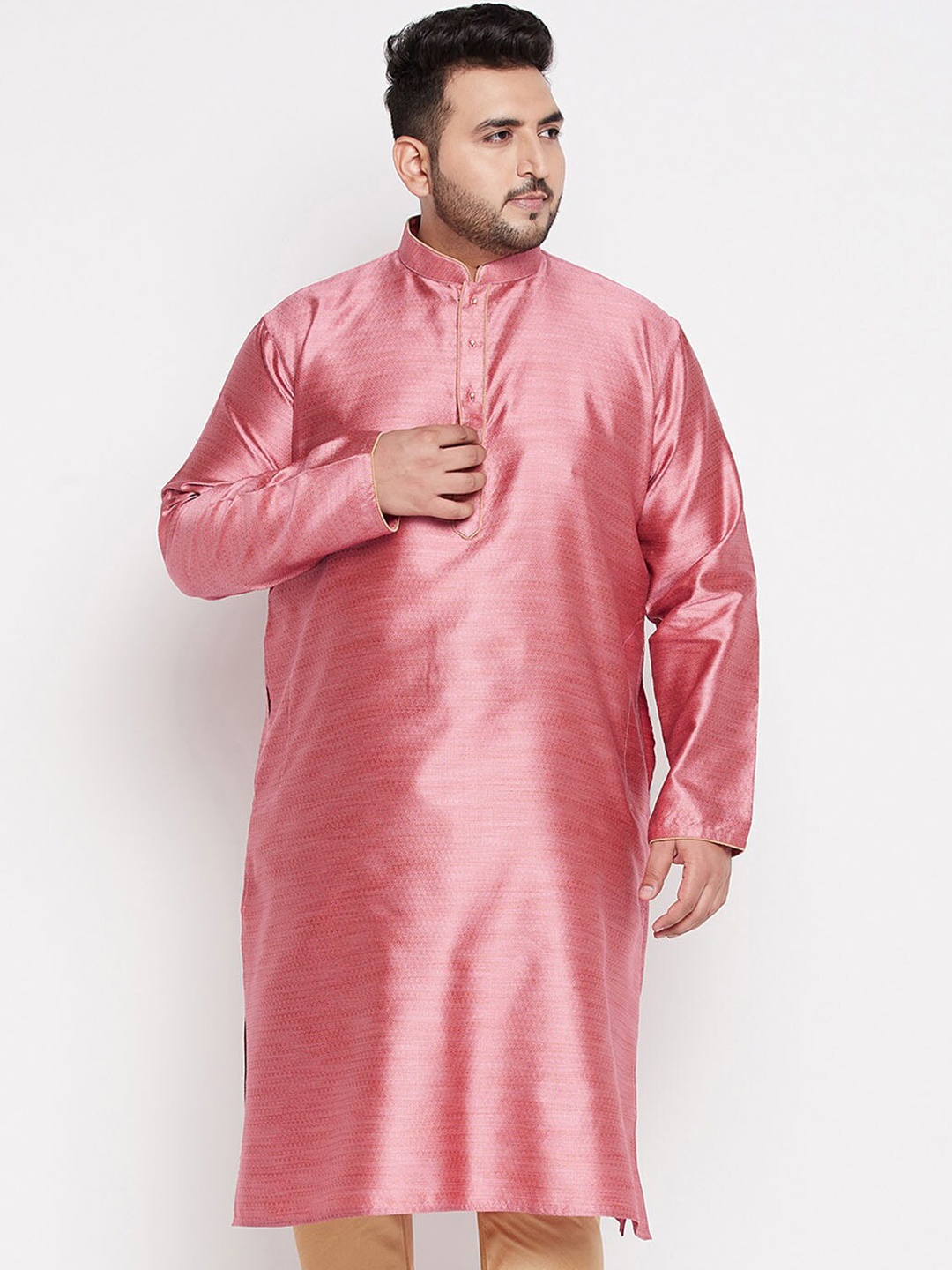 

VASTRAMAY Men Pink Silk Blend Jacquard Kurta