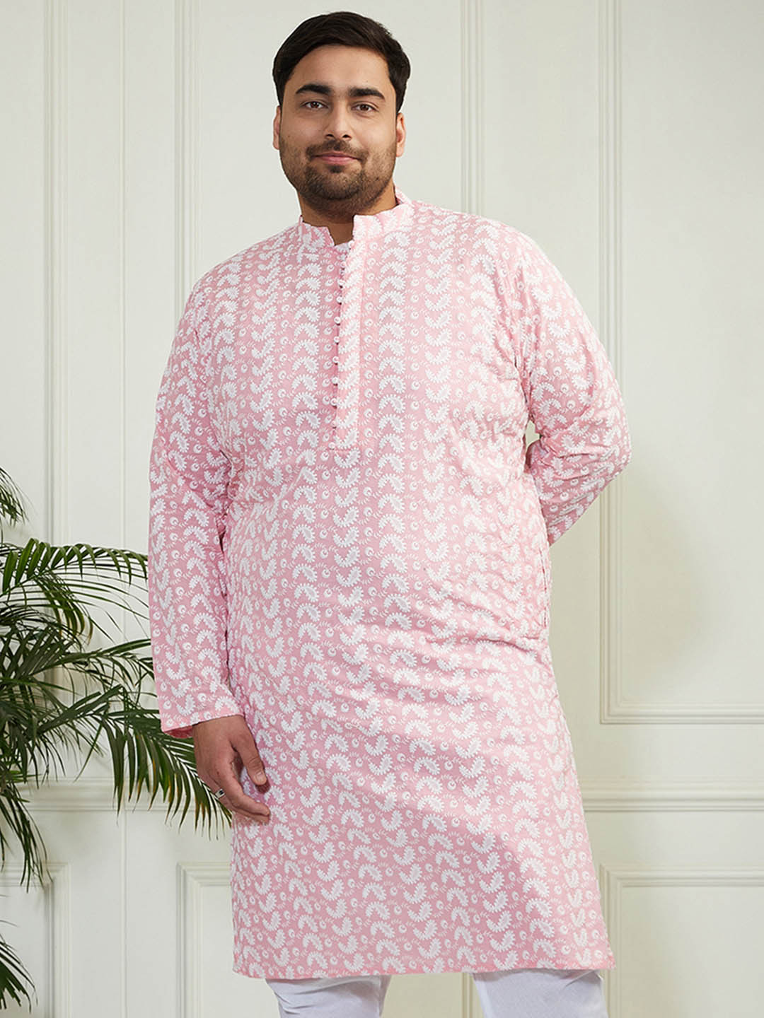 VASTRAMAY Plus Size Men Pink & White Ethnic Motifs Pure Cotton Chikankari Kurta