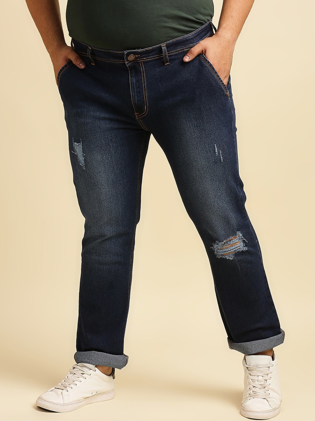 

Freeform by High Star Plus Size Men Blue Slim Fit Low Distress Light Fade Jeans