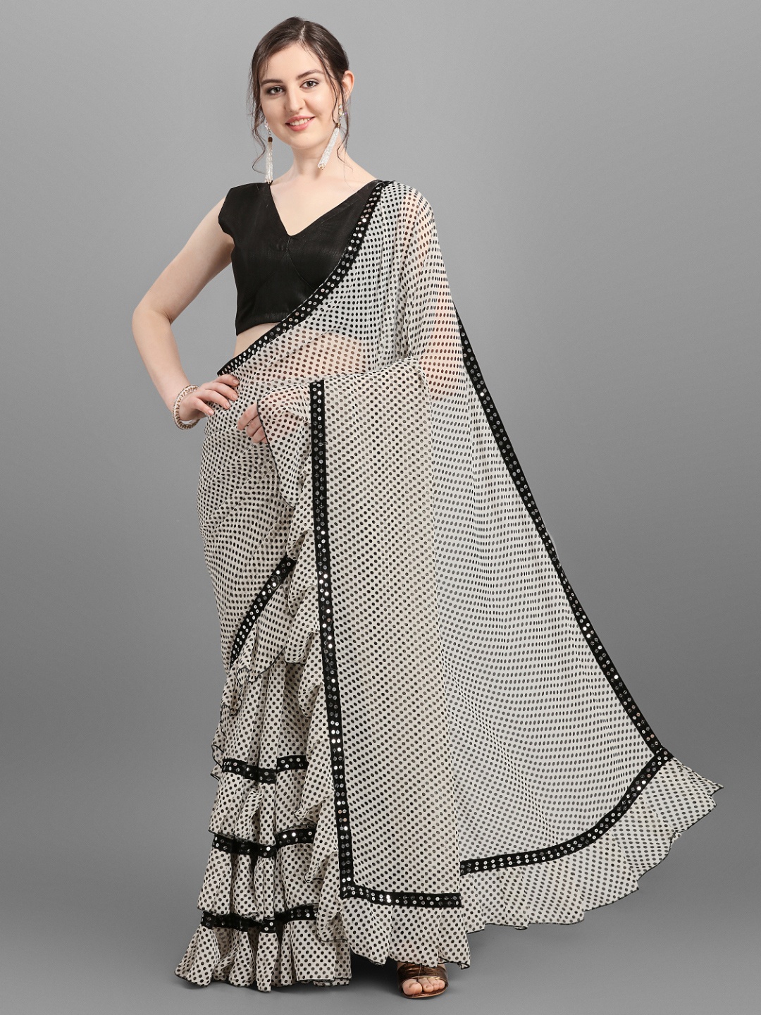 

B4ME COM White & Black Pure Georgette Block Print Saree