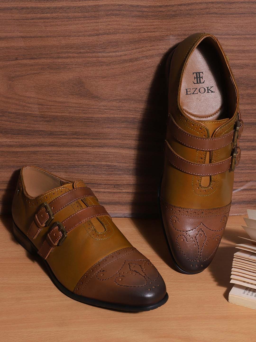 

EZOK Men Tan Solid Leather Formal Double Monk Buckles Shoes