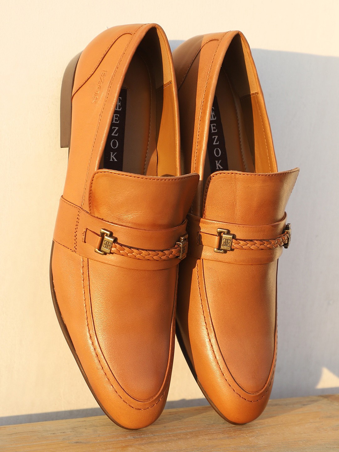 

EZOK Men Tan Solid Formal Buckle Slip-On Shoes