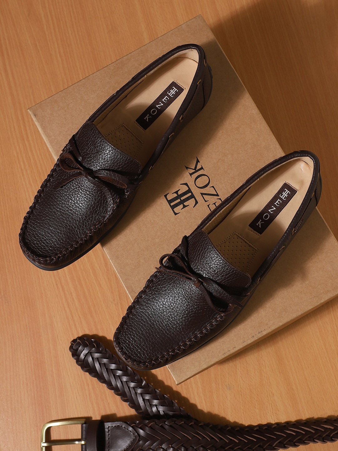 

EZOK Men Brown Textured Leather Loafers