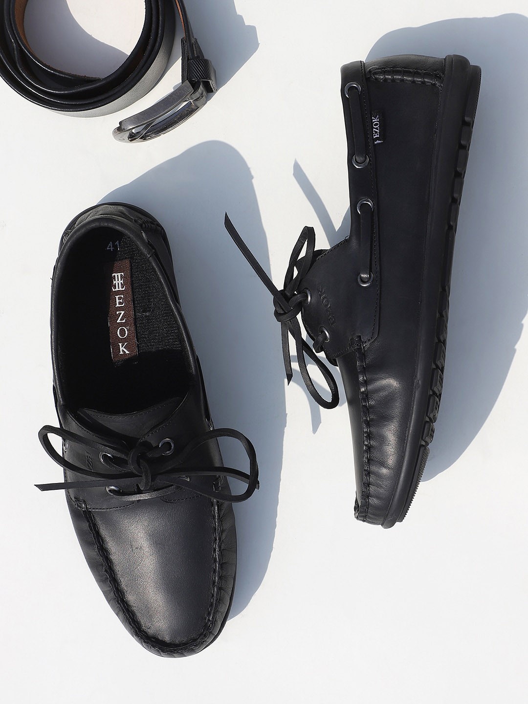 

EZOK Men Black Leather Boat Shoes