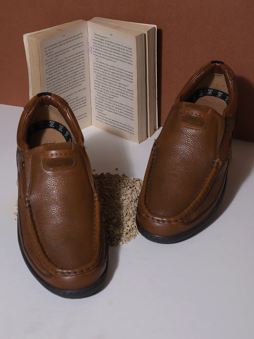 

EZOK Men Tan Solid Leather Formal Slip-Ons