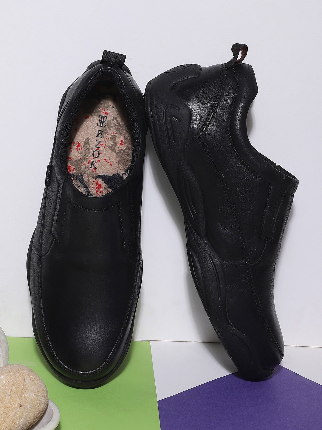 

EZOK Men Black Leather Slip-On Sneakers