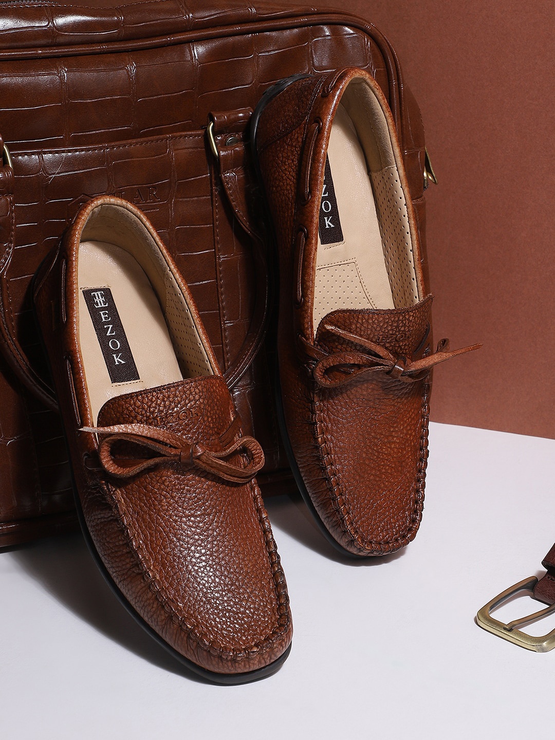 

EZOK Men Tan Textured Leather Loafers