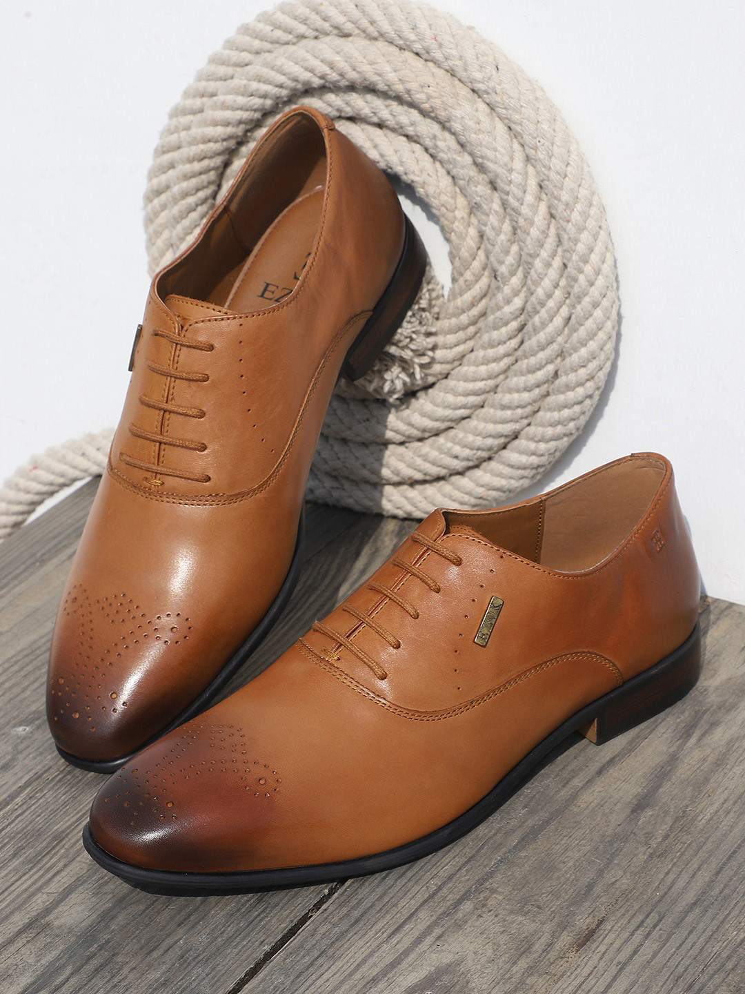 

EZOK Men Tan Solid Leather Formal Oxfords